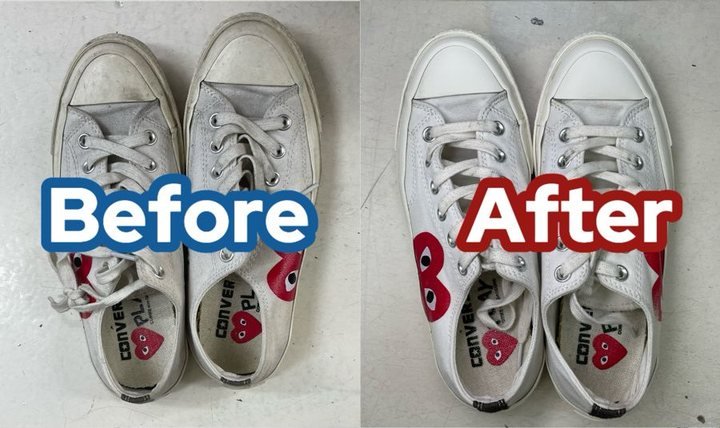 White CDG Converse, before and after